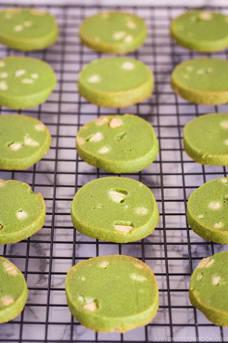 Close up of matcha cookies on baking tray