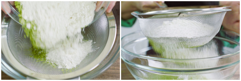 Matcha and flour sifted into a bowl